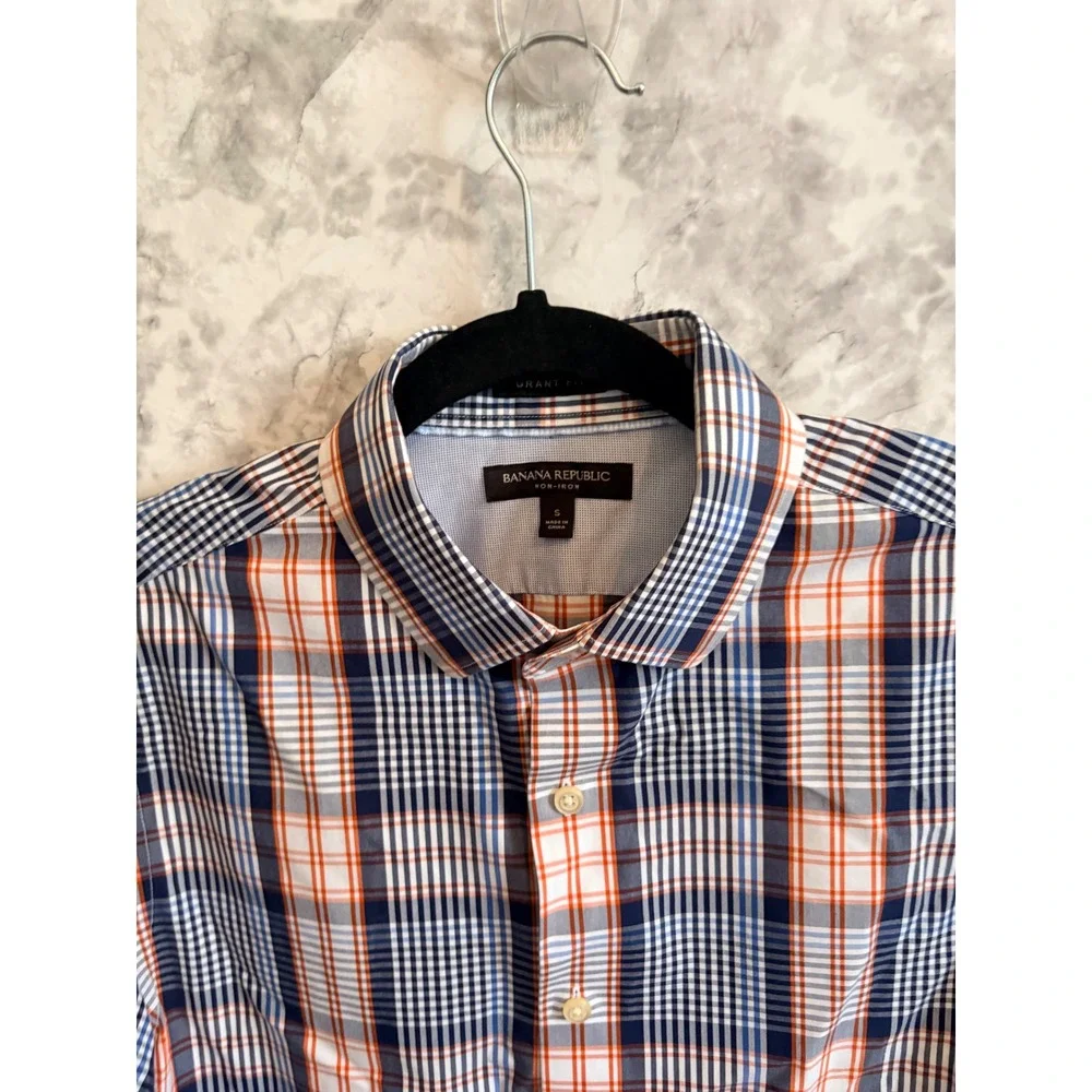 Banana Republic Plaid‎ Button Down Shirt Navy Orange 100% Cotton Long Sleeve S